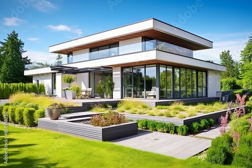 Modern sustainable house with a flat roof, large panoramic windows and a green garden.