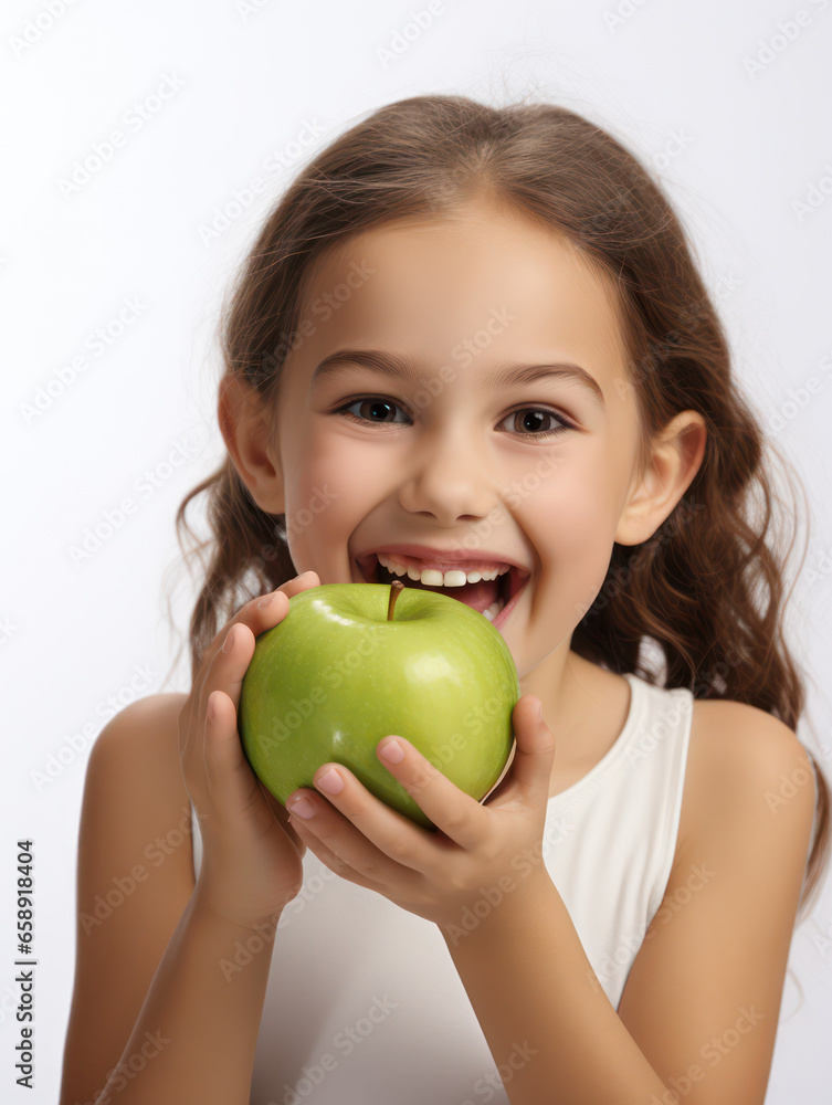 happy Child with ideal teeth eating green apple. Little Handsome girl with Health food. advertising of dentistry and healthy lifestyle happy Child with ideal teeth eating green apple. Little Handsome girl with Health food. advertising of dentistry and healthy lifestyle