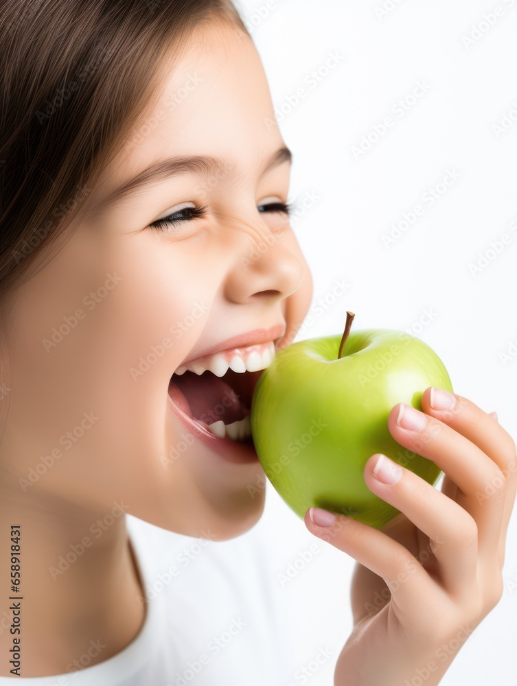 happy Child with ideal teeth eating green apple. Little Handsome girl with Health food. advertising of dentistry and healthy lifestyle happy Child with ideal teeth eating green apple. Little Handsome girl with Health food. advertising of dentistry and healthy lifestyle