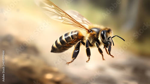 Close-up detail of a bee flying to pollinate flowers in nature. Most important animals on the planet.