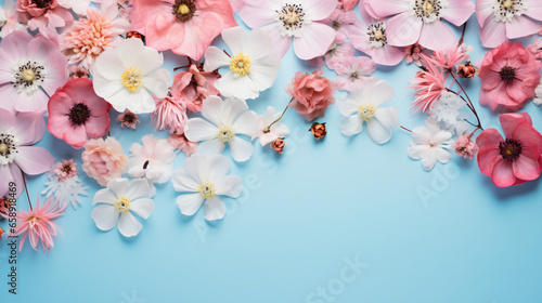 Top view image of pink flowers composition.