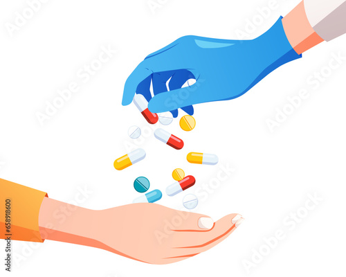 Doctor hand giving the patient pills and capsules concept.