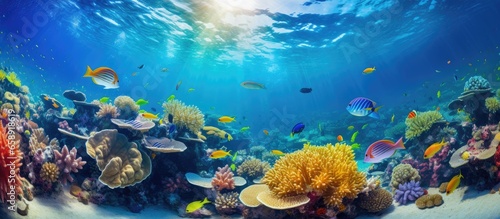 Fotografiet Underwater ecosystem with vibrant fish and coral reef offering panoramic views