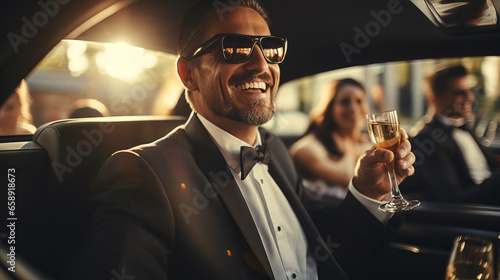 Cheerful businessmen with young women in a limousine  celebrating success  with champagne, Christmas Xmas birthday party concept photo