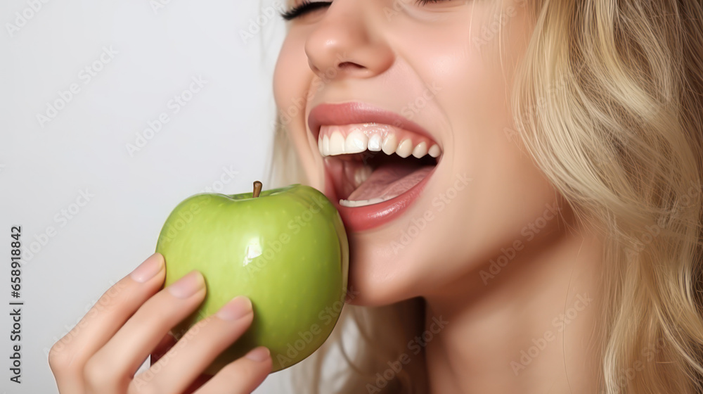 Beautiful woman eating a green apple in the studio on white background. female smile after teeth whitening procedure. Dental care. Dentistry and healthy lifestyle concept. Beautiful woman eating a green apple in the studio on white background. female smile after teeth whitening procedure. Dental care. Dentistry and healthy lifestyle concept.