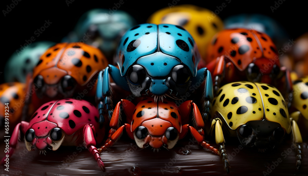 Obraz premium Photograph of a close-up of colorful ladybugs, revealing the hidden beauty of the ladybug's intricate body - Generative AI