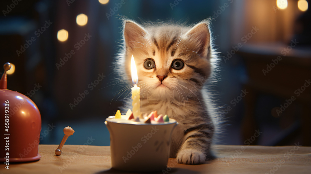 Cat birthday cute pet small kitten and birthday cake