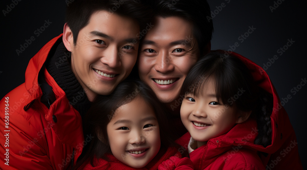 A happy vogue fashion Asian family wearing bright solid light red clothes A happy vogue fashion Asian family wearing bright solid light red clothes