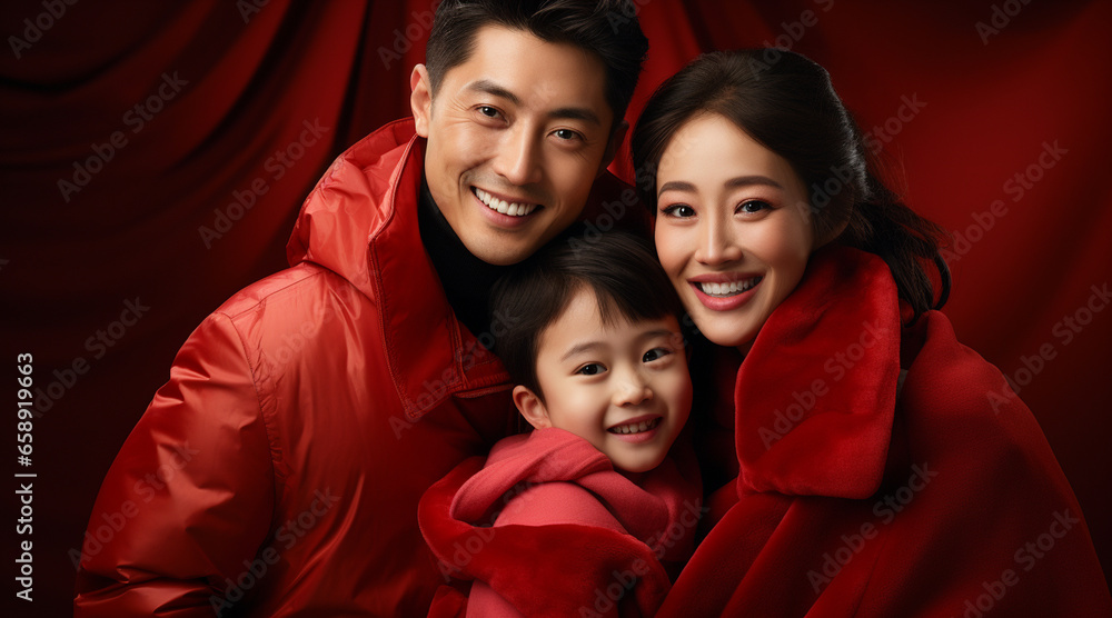 A happy vogue fashion Asian family wearing bright solid light red clothes A happy vogue fashion Asian family wearing bright solid light red clothes