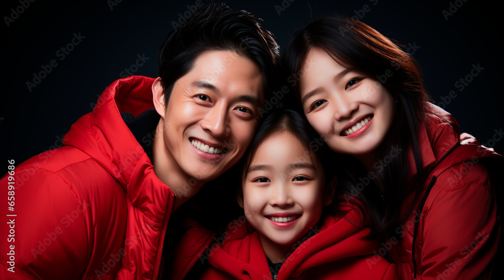 A happy vogue fashion Asian family wearing bright solid light red clothes A happy vogue fashion Asian family wearing bright solid light red clothes