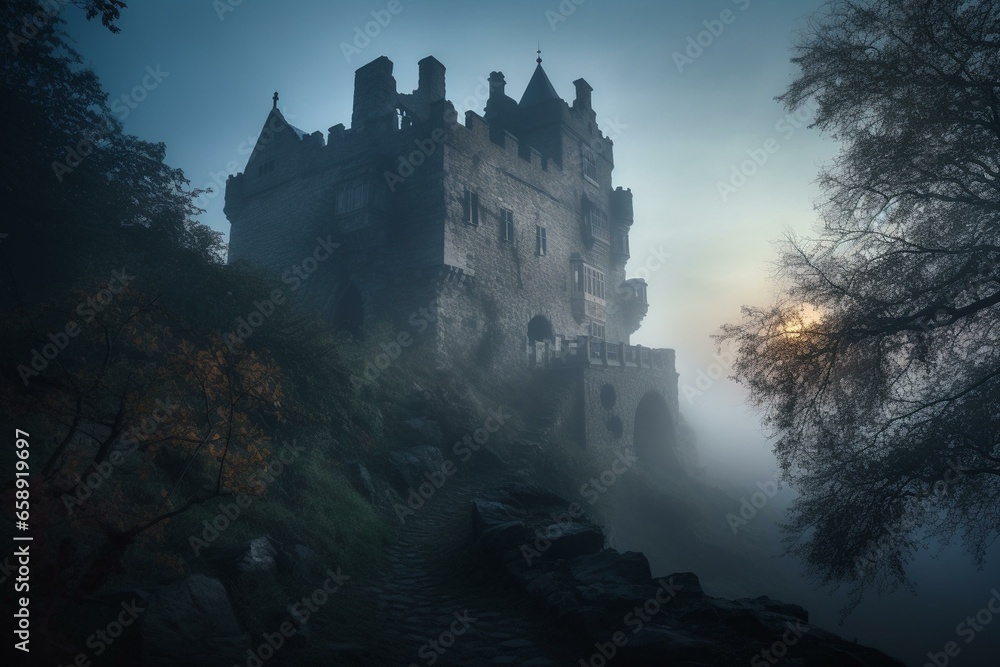 Mystical Medieval Castle Enveloped in Twilight Mist