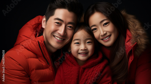 A happy vogue fashion Asian family wearing bright solid light red clothes