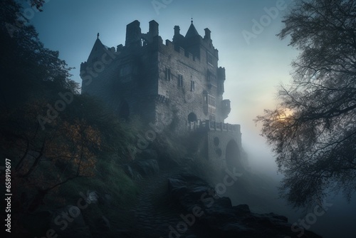 Mystical Medieval Castle Enveloped in Twilight Mist