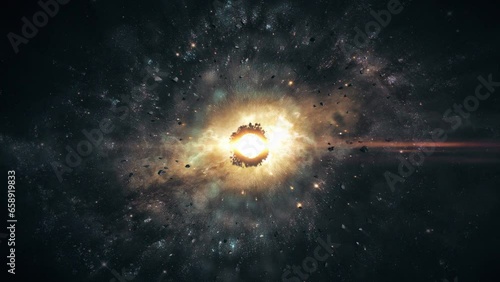 Galaxy animation. Cinematic concept art of asteroid belt. Realistic nebula in space with a giant star in the center of the universe. Cosmos with stars, asteroids and epic interstellar clouds of dust.