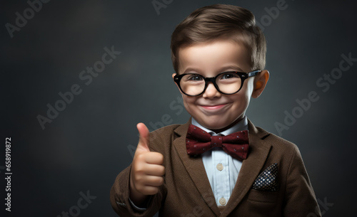 a cute boy in a bow tie and glasses giving a thumbs up
