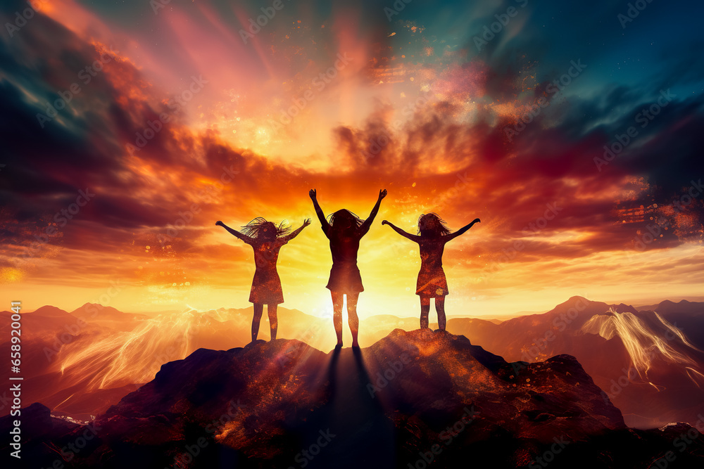 Silhouettes of happy three people on top of a mountain. Success and achievements, Business, work in a team, cooperation. Silhouettes of happy three people on top of a mountain. Success and achievements, Business, work in a team, cooperation.