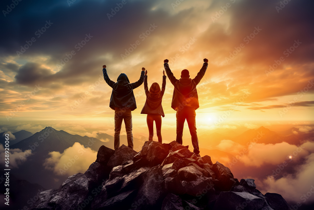 Silhouettes of happy three people on top of a mountain. Success and achievements, Business, work in a team, cooperation.