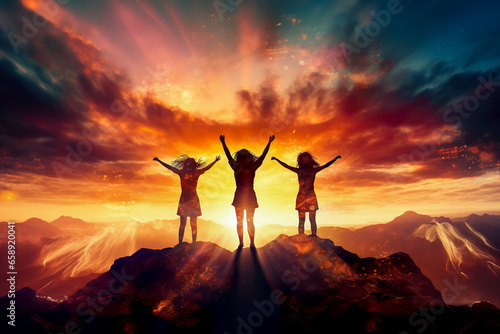 Silhouettes of happy three people on top of a mountain. Success and achievements, Business, work in a team, cooperation.