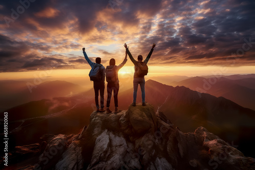 Silhouettes of happy three people on top of a mountain. Success and achievements, Business, work in a team, cooperation.