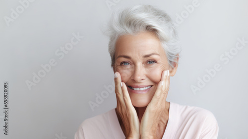 Beautiful gorgeous 60s mid aged mature woman looking at camera in studio. Mature old lady close up portrait. Healthy face skin care beauty, middle age skincare cosmetics, cosmetology concept photo