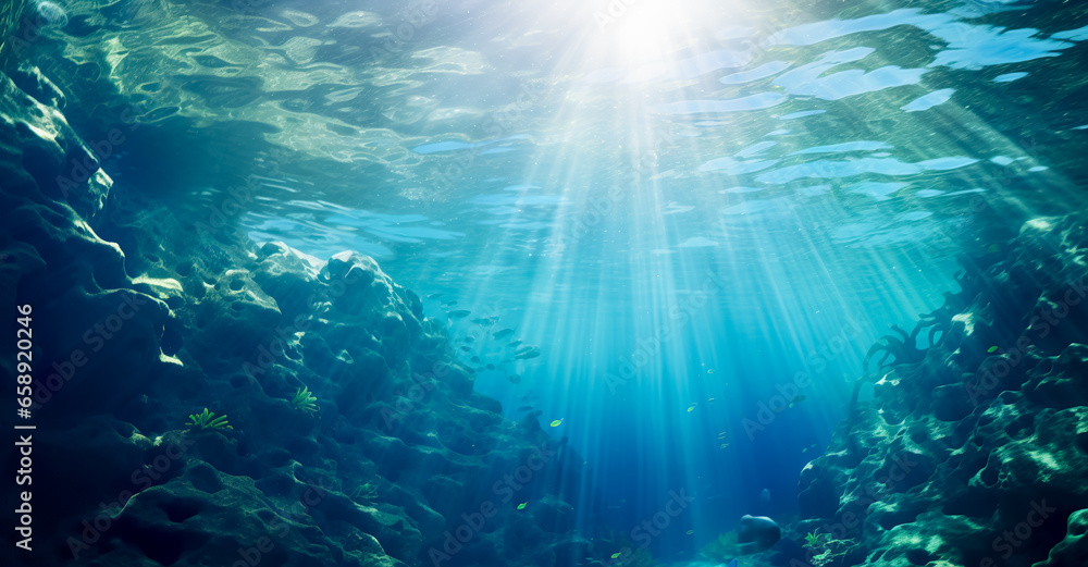 Obraz premium Underwater Sea - Deep Abyss With Blue Sun light