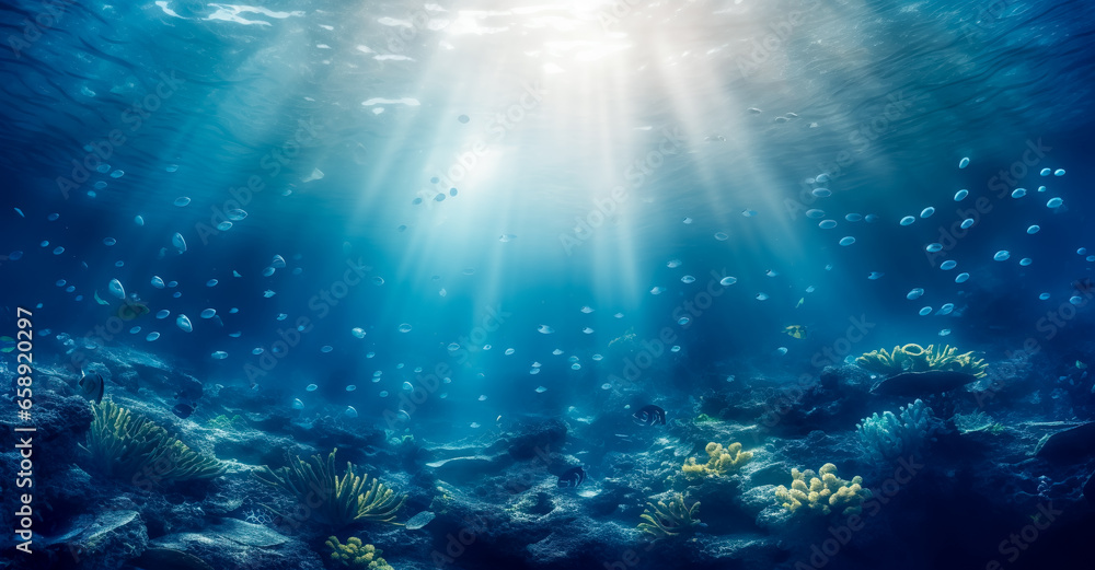 Fototapeta premium Underwater Sea - Deep Abyss With Blue Sun light