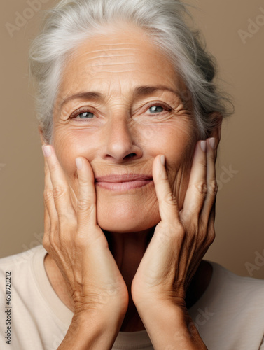 Beautiful gorgeous 60s mid aged mature woman looking at camera in studio. Mature old lady close up portrait. Healthy face skin care beauty, middle age skincare cosmetics, cosmetology concept