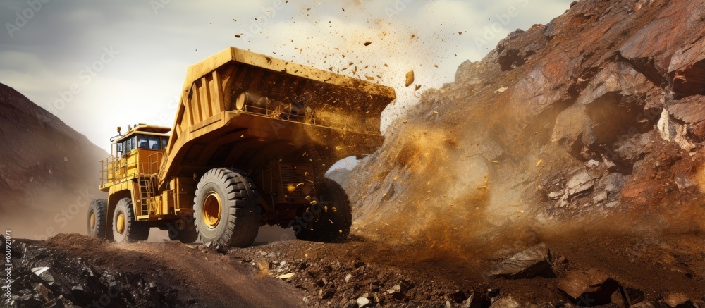 Dump truck loading various minerals at mining quarry With copyspace for text - obrazy, fototapety, plakaty 