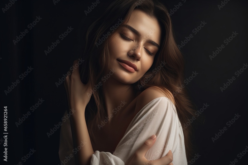 Hugging herself woman, AI generated Hugging herself woman, AI generated
