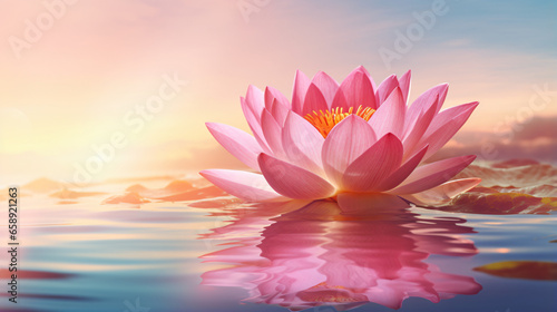 Pink lotus flower on the beautiful golden pond.