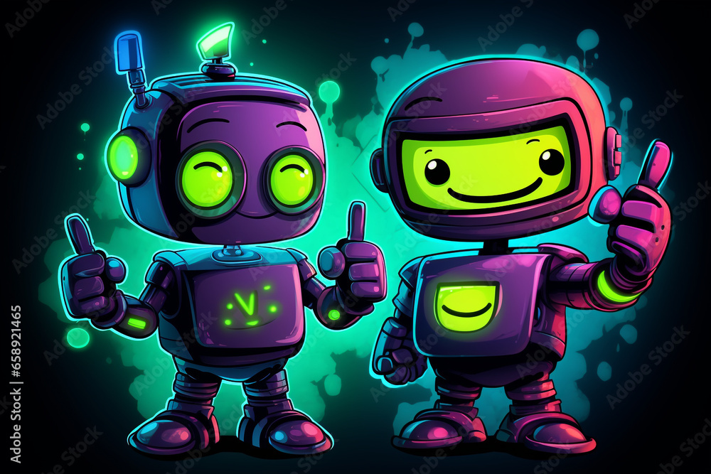 Set of friendly robots giving thumbs up, neon, dark background