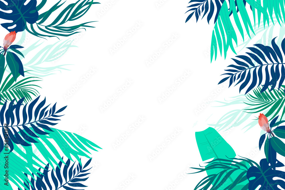 Horizontal background with green leaves of tropical palm tree, banana and monstera. Elegant backdrop decorated with foliage of exotic jungle plants. Natural border. Vector illustration.