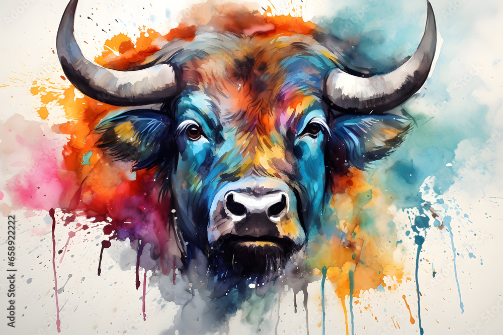 Modern colorful watercolor painting of a buffalo, textured white paper background, vibrant paint splashes. Created with generative AI - obrazy, fototapety, plakaty 