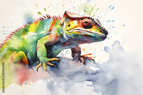 Modern colorful watercolor painting of a chameleon, textured white paper background, vibrant paint splashes. Created with generative AI