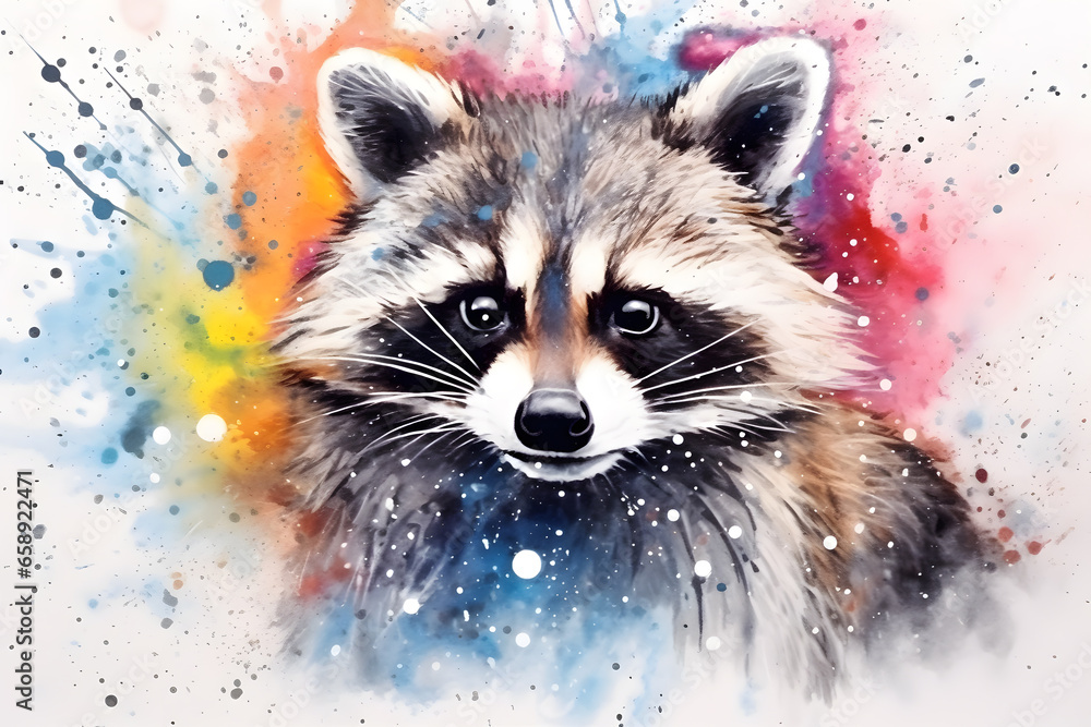 Modern colorful watercolor painting of a raccoon, textured white paper background, vibrant paint splashes. Created with generative AI