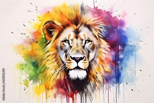 Modern colorful watercolor painting of a lion, textured white paper background, vibrant paint splashes. Created with generative AI