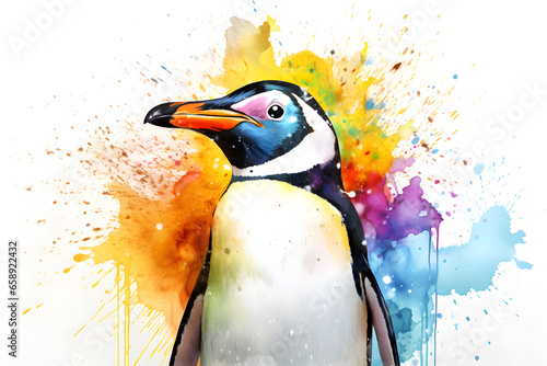 Modern colorful watercolor painting of a penguin, textured white paper background, vibrant paint splashes. Created with generative AI