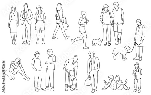 Silhouettes men, women, teenagers and children standing, walking, sitting, with dog, linear sketch,  black color, vector, group rest people, students, design concept of flat icon, isolated on white 