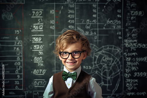 Schoolboy with book and standing in front of blackboard with math formulas