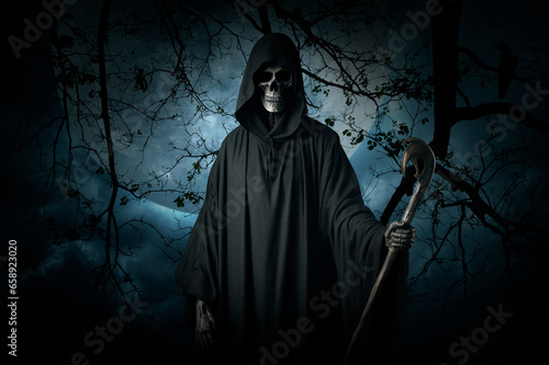 Grim reaper holding scythe standing over dead tree, crow, moon and spooky cloudy sky, Halloween mystery concept