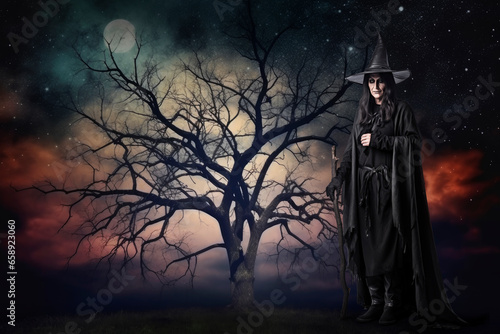 Halloween witch standing on grass over dead tree, stars, moon and night sky