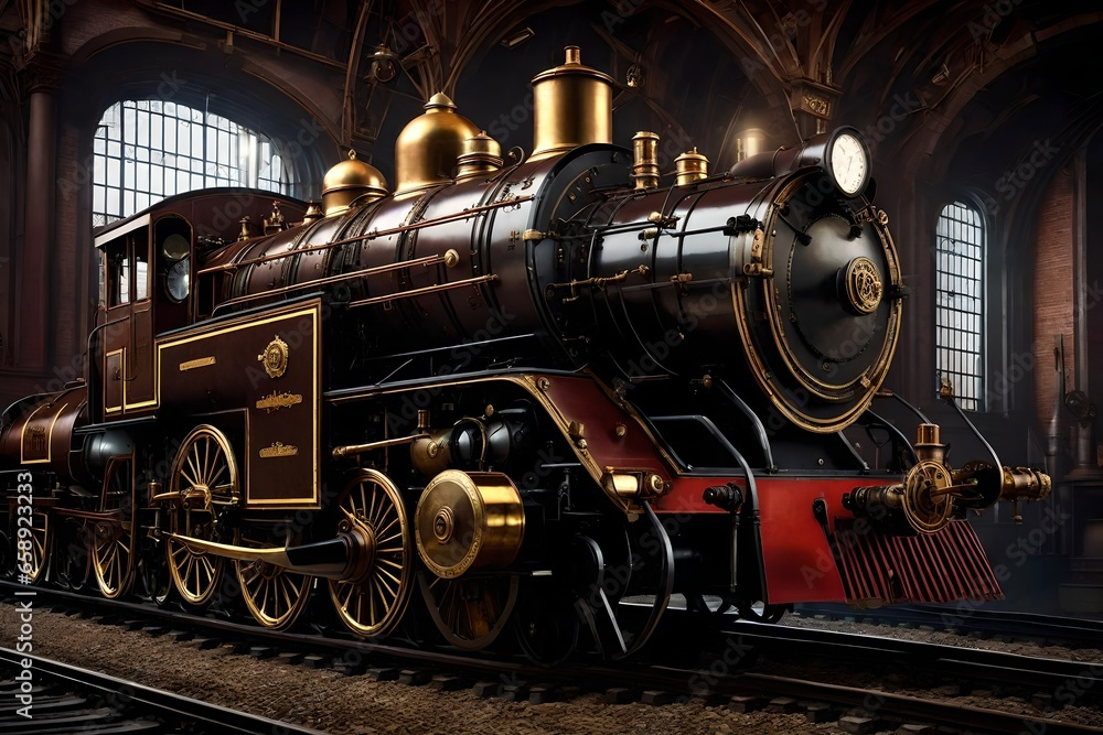 Obraz premium Steampunk locomotive rushing across the ages while time-traveling.