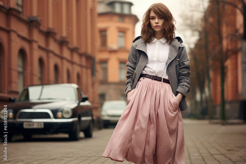 Fototapeta premium beautiful model who poses in front of the camera in the street with modern outfit