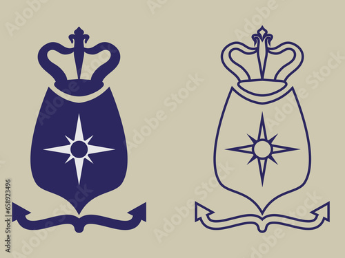 heraldic vintage sailor nautical vector badge logo with crown ,compass and anchor element