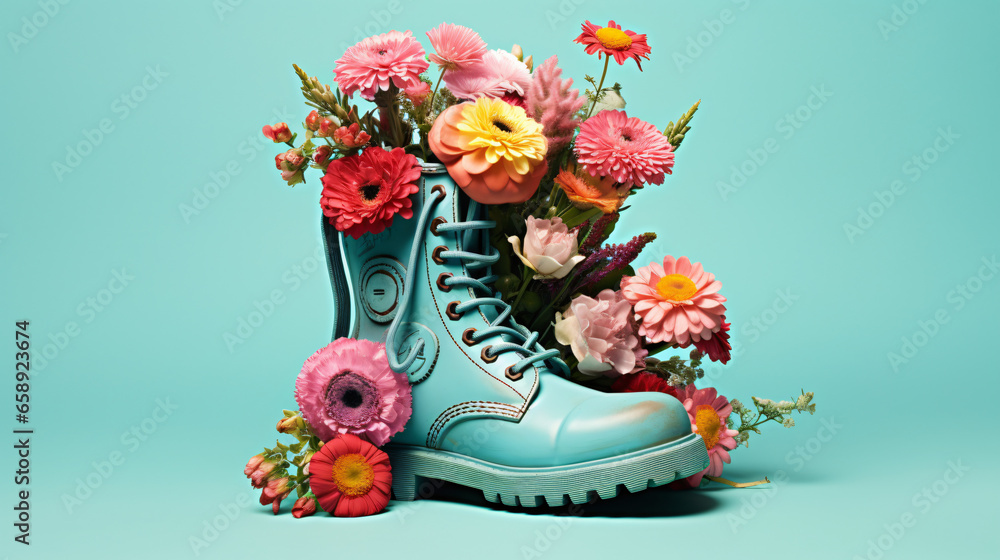 Turquoise deep boots filled with colorful field flowers