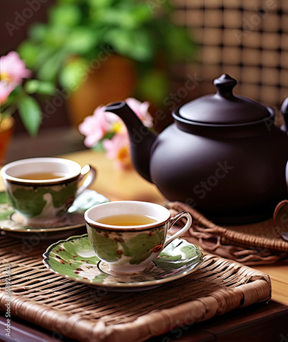 Tea set with cups and a kettle with hot tea on a wooden table, flowers near the window in the background