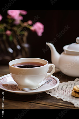 White tea set on a wooden table on a background of flowers