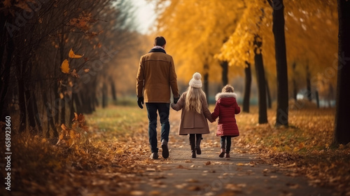 A Happy Family Embarks On An Autumn Stroll, Creating Lasting Memories Autumn Day In The Park. Сoncept Family Fun In The Sun, Enjoying Nature's Beauty, Cherishing The Little Moments