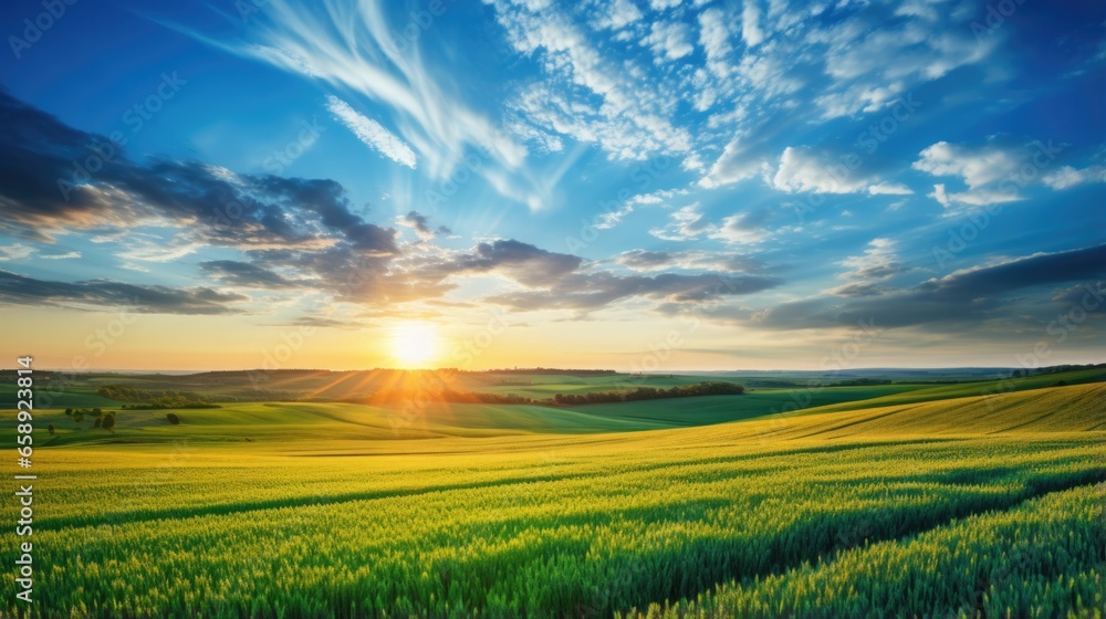 Beautiful Sunrise Over A Field With Blue Skies. Сoncept Nature Photography, Landscape, Morning Scenes, Sky Photography