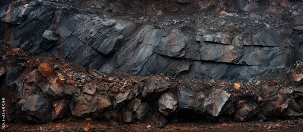 Open pit iron ore mine displaying layers of soil and iron rich ore With copyspace for text Open pit iron ore mine displaying layers of soil and iron rich ore With copyspace for text